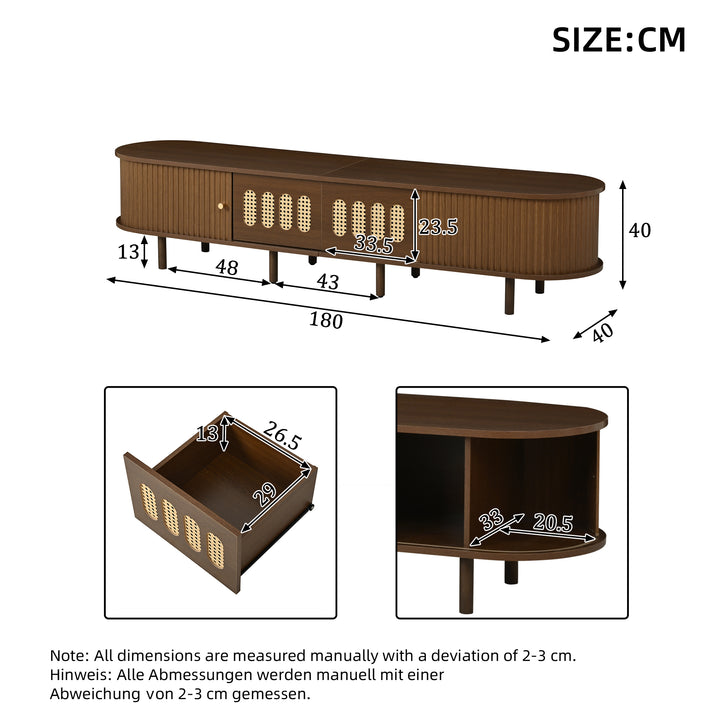 Walnut Oval TV Stand with 2 Drawers and 2 Tambour Doors with Rattan 180cm VANITYPLUS