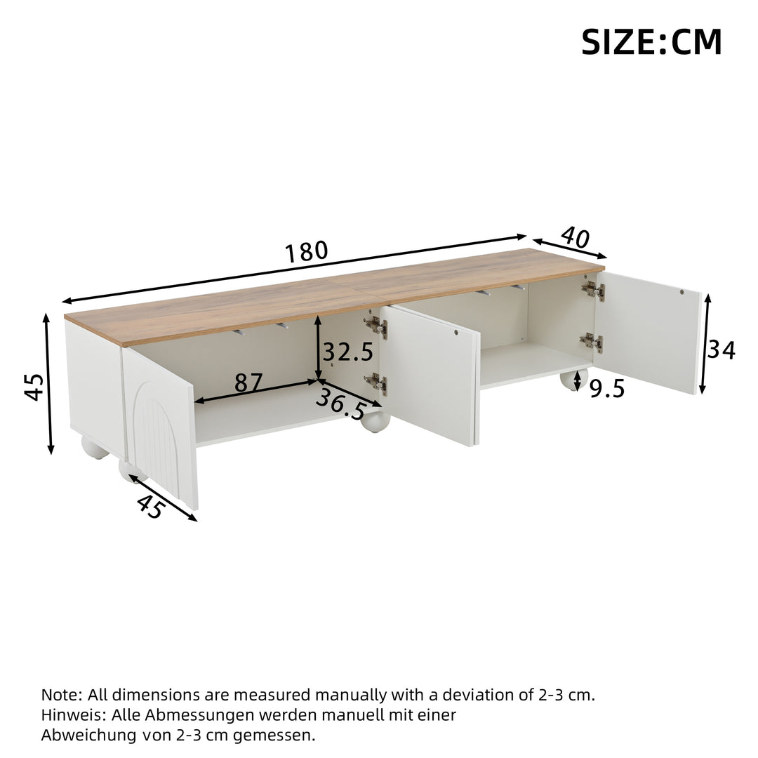 Modern Style White and Oak TV Stand with 4 Doors & Push-Open Storage 180cm WICKERSOFA
