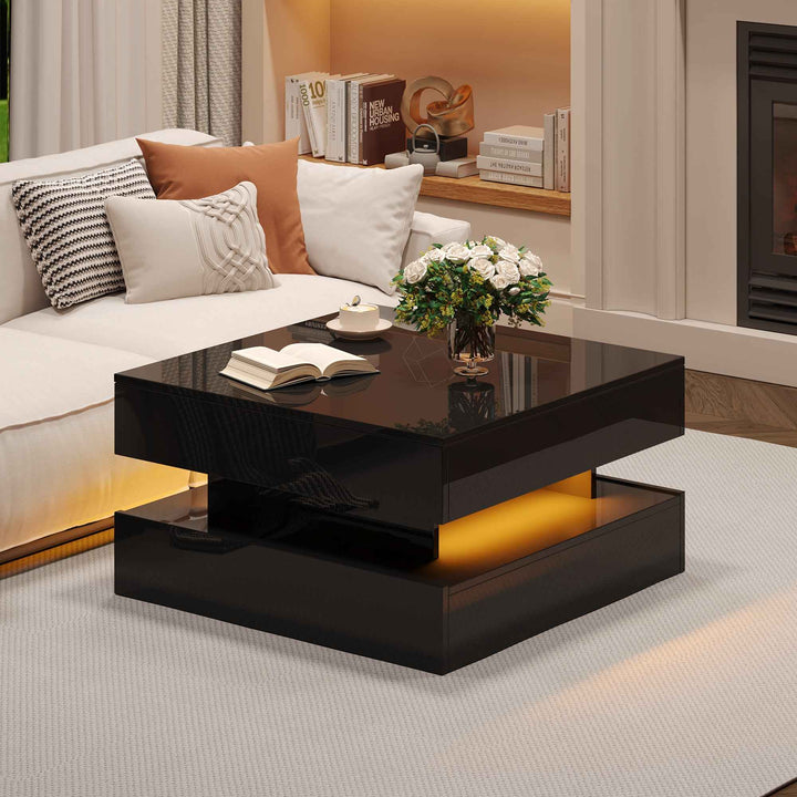 Lift top black high gloss coffee table with LED 2 drawers INFINITEMOMENTUU