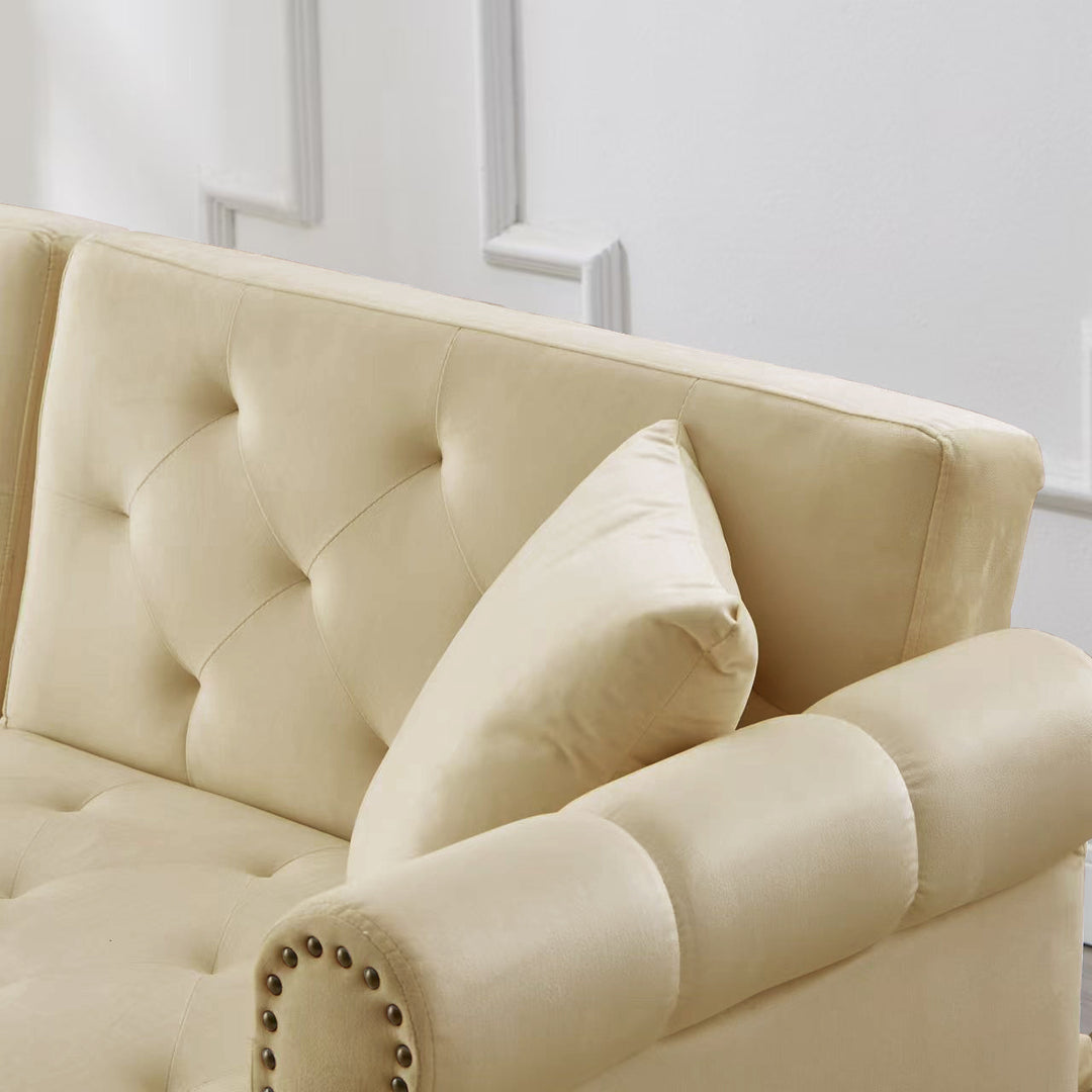 Modern upholstery velvet beige 2-seater sofa bed, adjustable backrest & gold-plated metal feet EUKARYOT