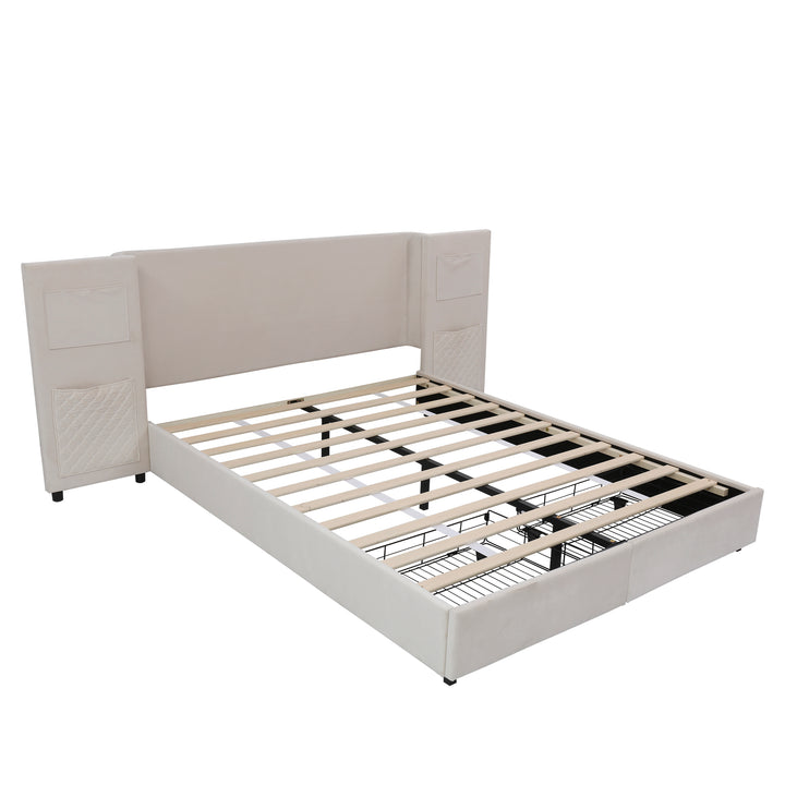 Beige velvet upholstered double bed (135×190cm) 2 drawers and storage pockets PORE