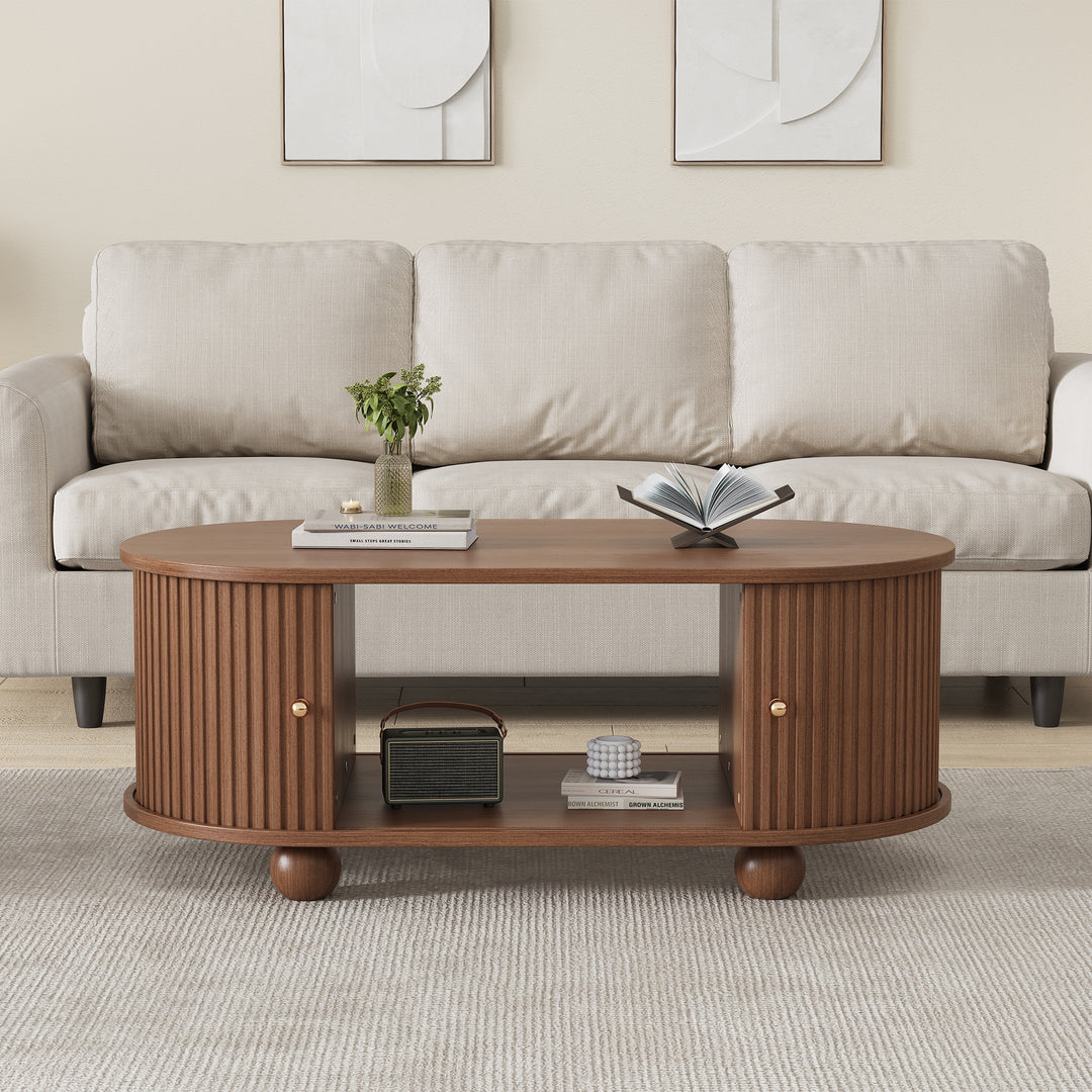 Retro wooden look oval coffee table with 2 sliding storage doors CUNEIFORMWEDGE
