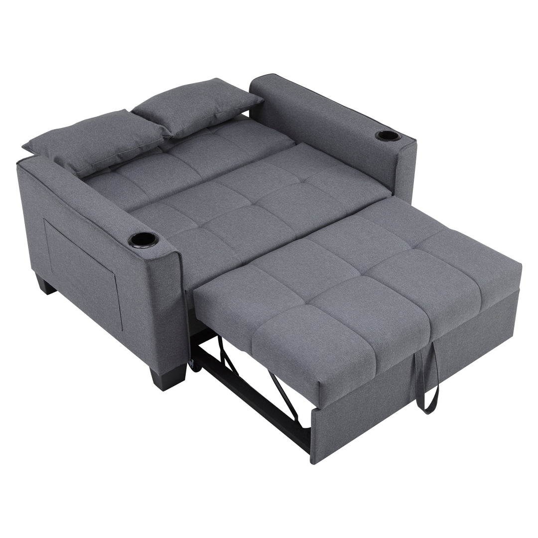 Gray fabric convertible 2-seater sofa bed pull-out design, adjustable backrest, and storage FROSTSTONE