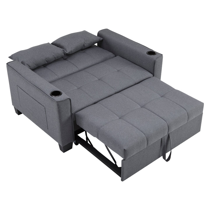 Gray fabric convertible 2-seater sofa bed pull-out design, adjustable backrest, and storage FROSTSTONE