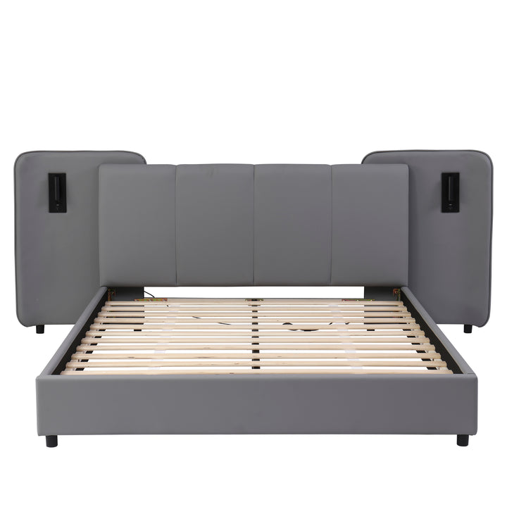 Grey PU upholstered double bed with charging port, 2 bedside lamps 135×190cm PASTUREBEARD