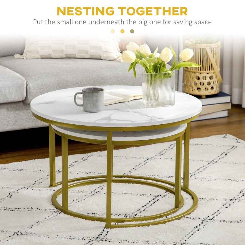 Coffee Table Set of 2, Round Nesting Tables, Faux Marble Top, Metal Frame, White, Modern Living Room Space-Saving Design