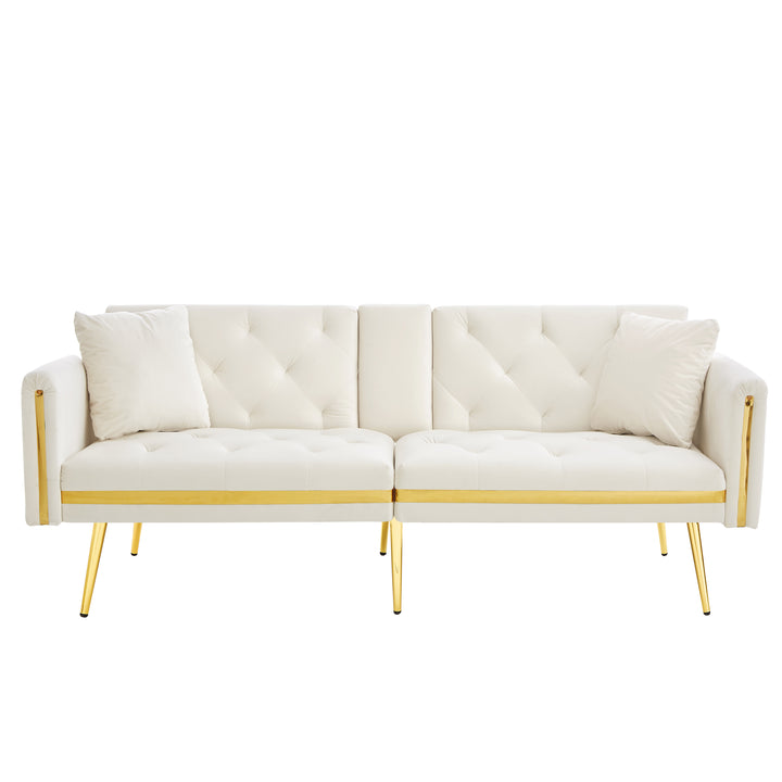 Beige velvet tufted 2-seater sofa bed with gold legs hidden fold-down cup holder COTTONPUFF