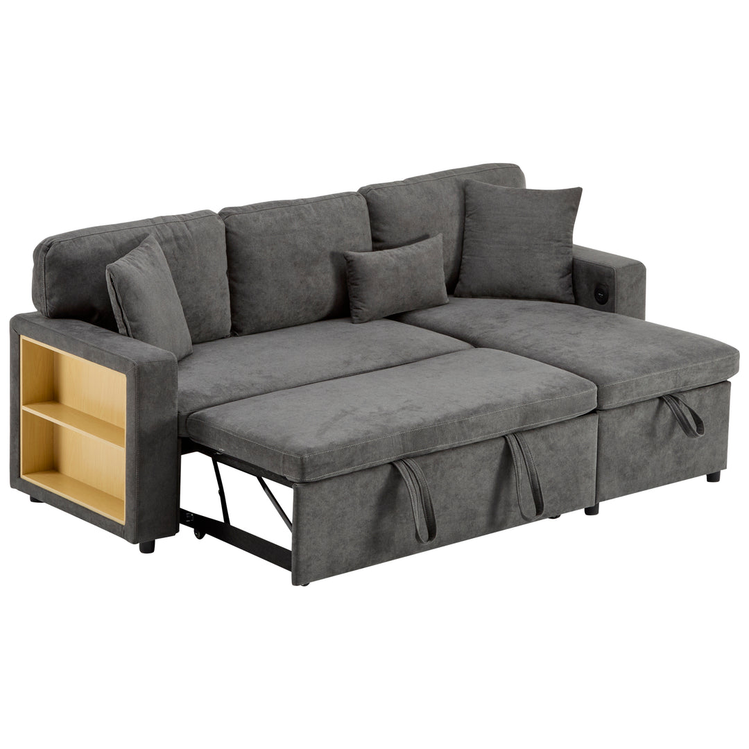 Grey L-shaped corner sofa bed, side shelf with integrated USB and storage VOLATILGAS