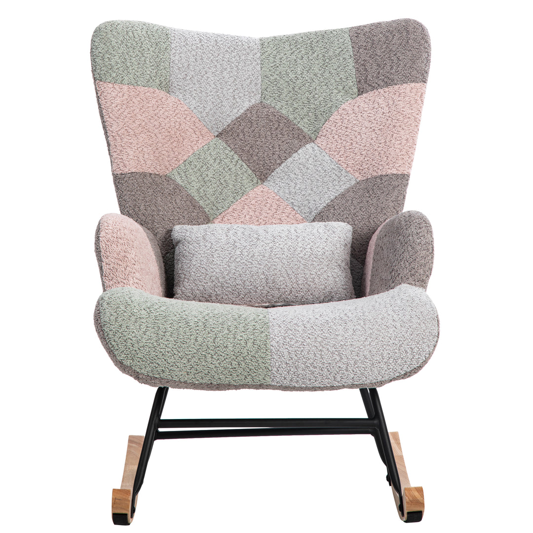 Patchwork rocking chair with footstool, bouclé fabric accent chair with wooden legs and cushion RECTRIX