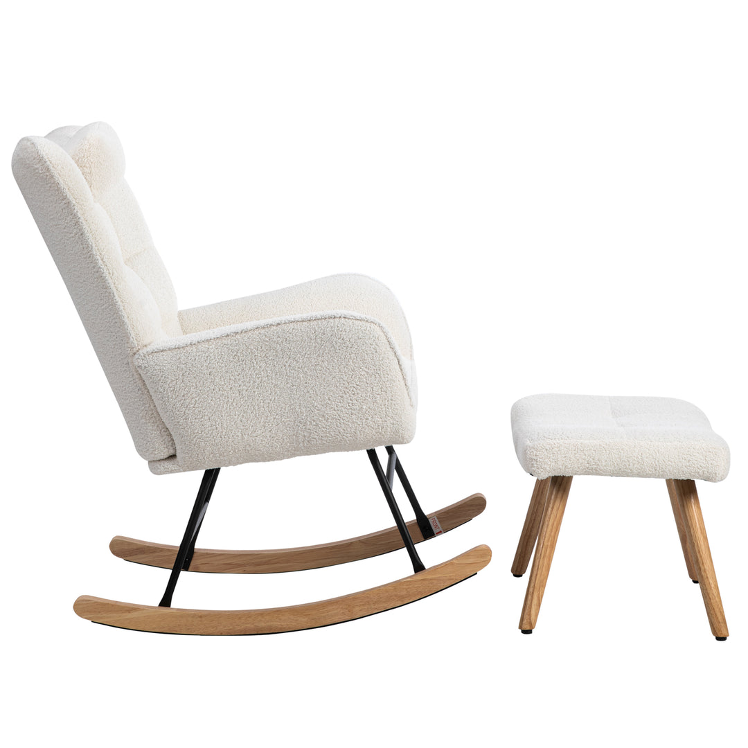 White bouclé fabric rocking chair with footstool and neck pillow PHLOEM