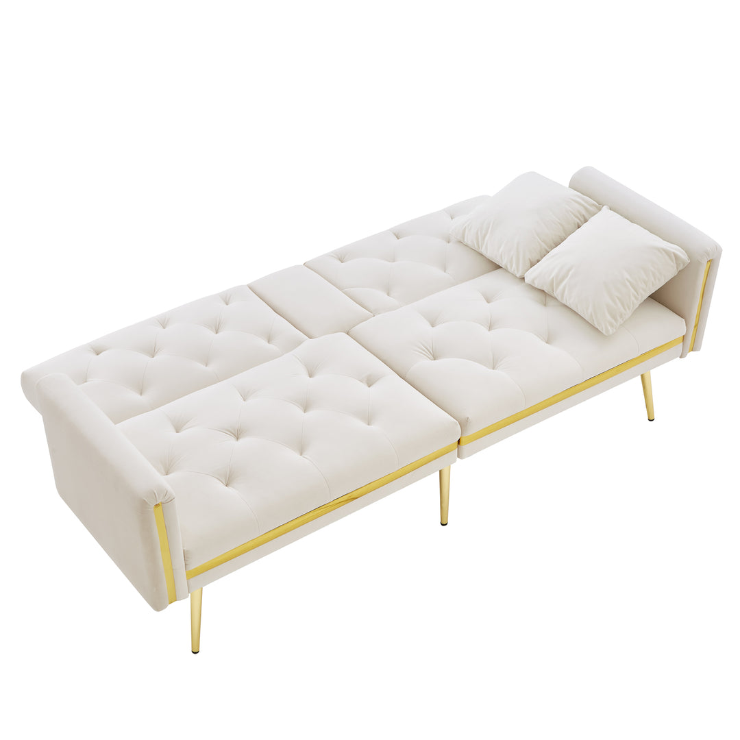 Beige velvet tufted 2-seater sofa bed with gold legs hidden fold-down cup holder COTTONPUFF