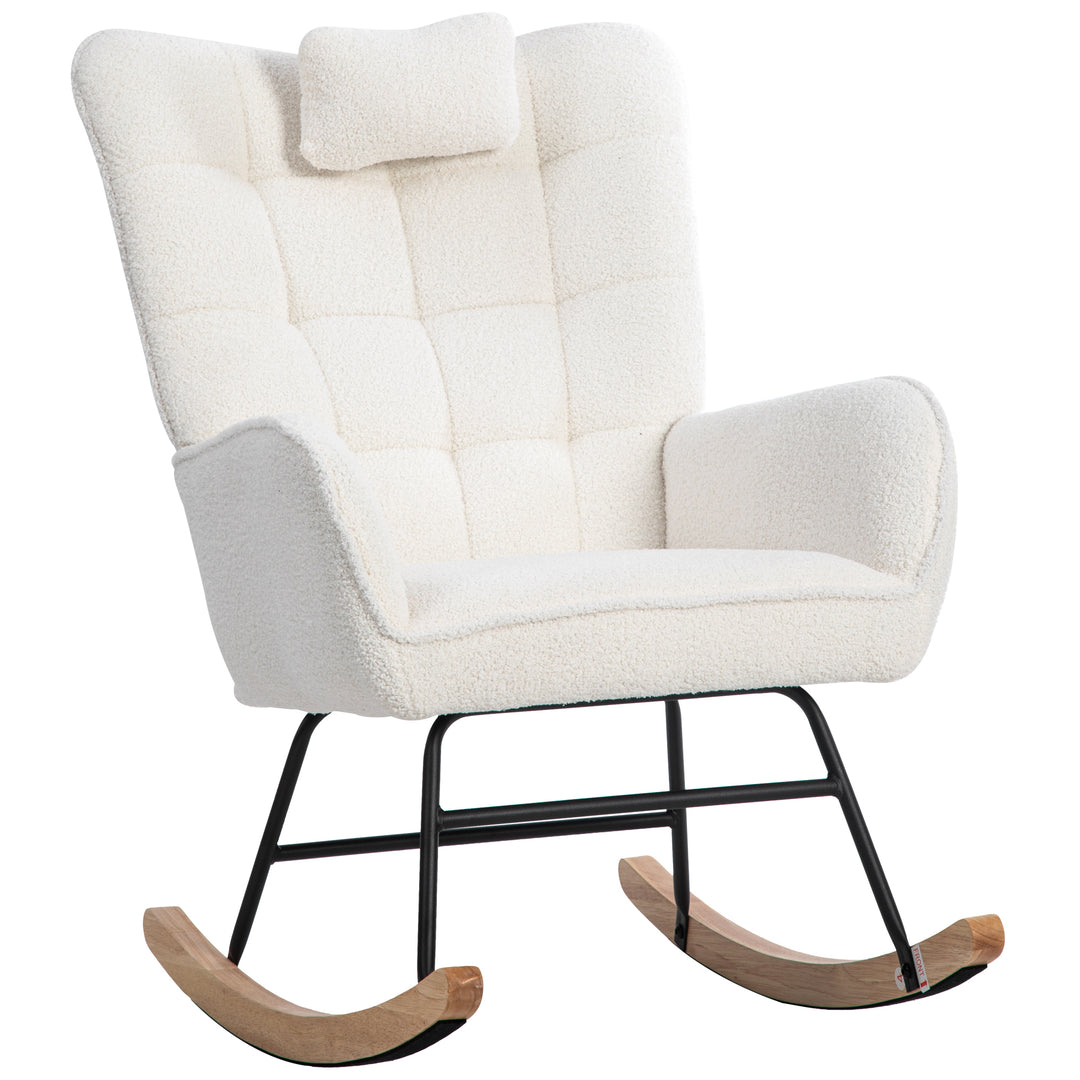 White bouclé fabric rocking chair with footstool and neck pillow PHLOEM