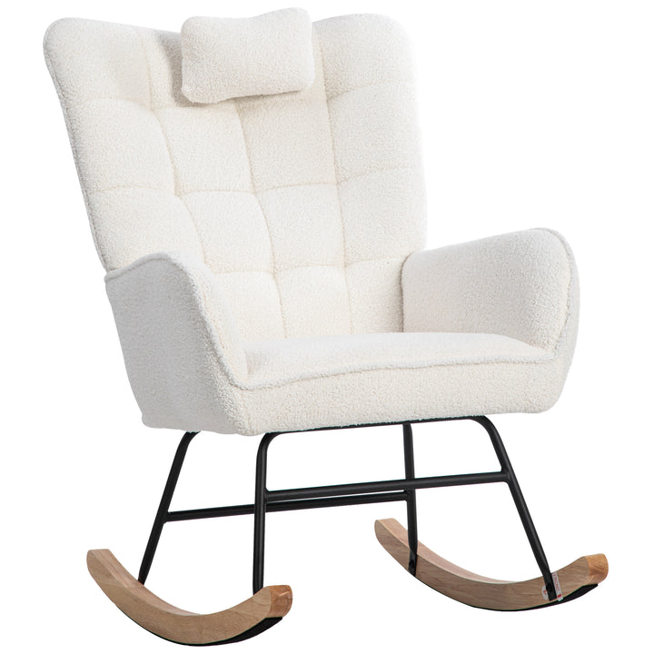 White bouclé fabric rocking chair with footstool and neck pillow PHLOEM