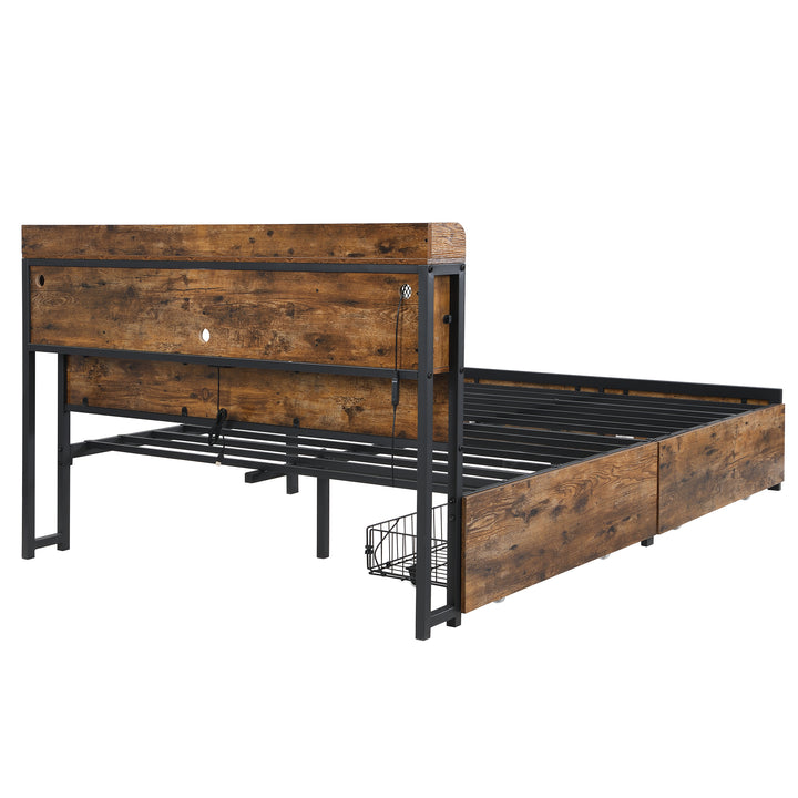 Multifunctional wooden look double bed&nbsp; with LED lighting, 2 drawers & charging ports (135x190cm) ELATERSPRING