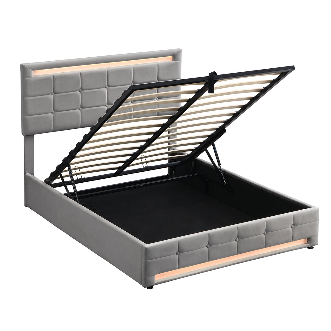 Grey velvet upholstered ottoman double bed with LED lighting (135x190cm) ANHYDROBIO