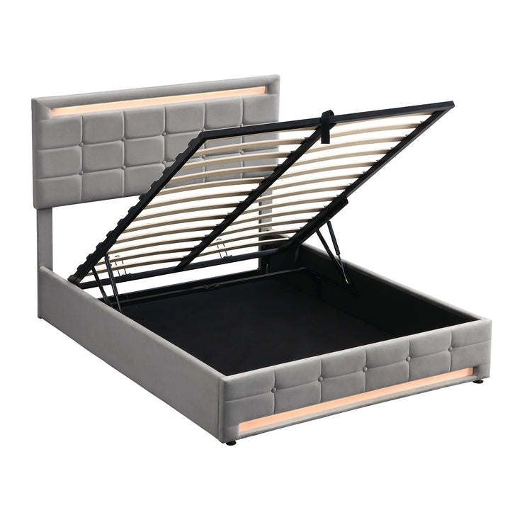 Grey velvet upholstered ottoman double bed with LED lighting (135x190cm) ANHYDROBIO