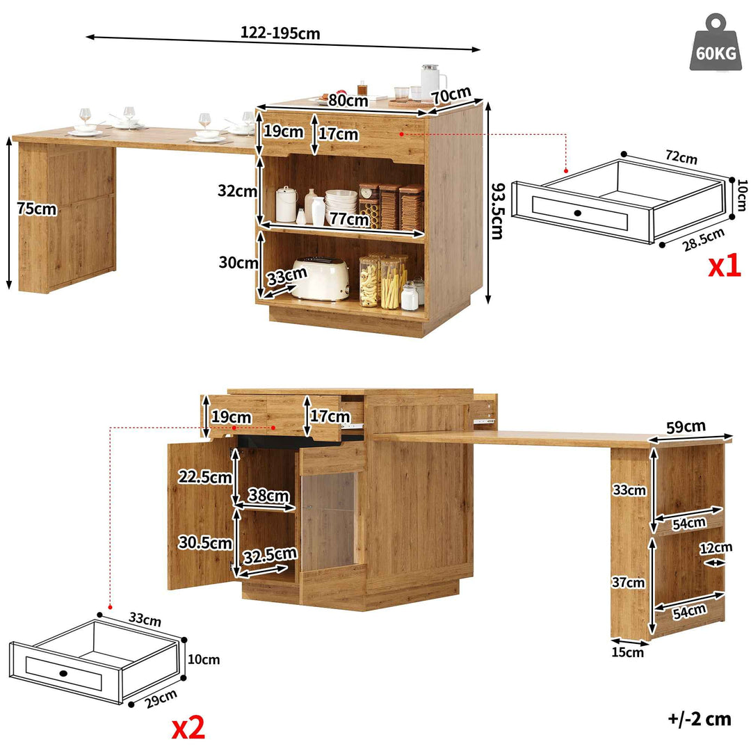 Kitchen island with extendable table, oak effect, LED glass door, 2 drawers INFINITECASC