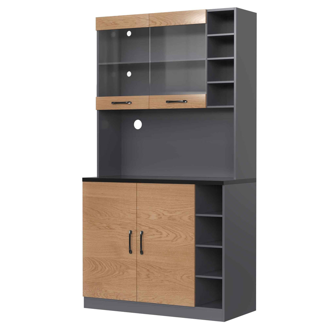 00+Kitchen Tall Cabinet with LED Lighting, Adjustable Shelves, Large Pantry Storage for Microwave VERTEXMORN