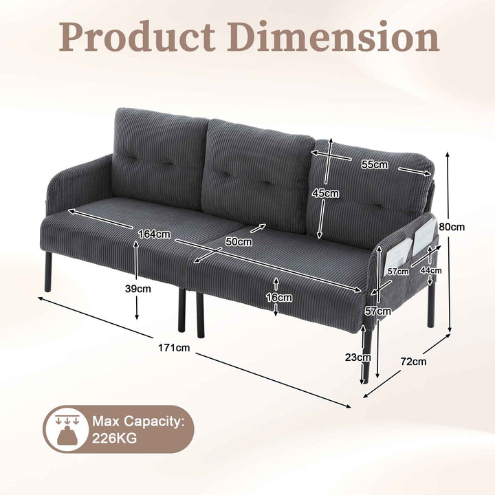 00+Oversized Loveseat Sofa, Corduroy Upholstered Double-Seater, Charcoal Grey for Living Room NOVALA