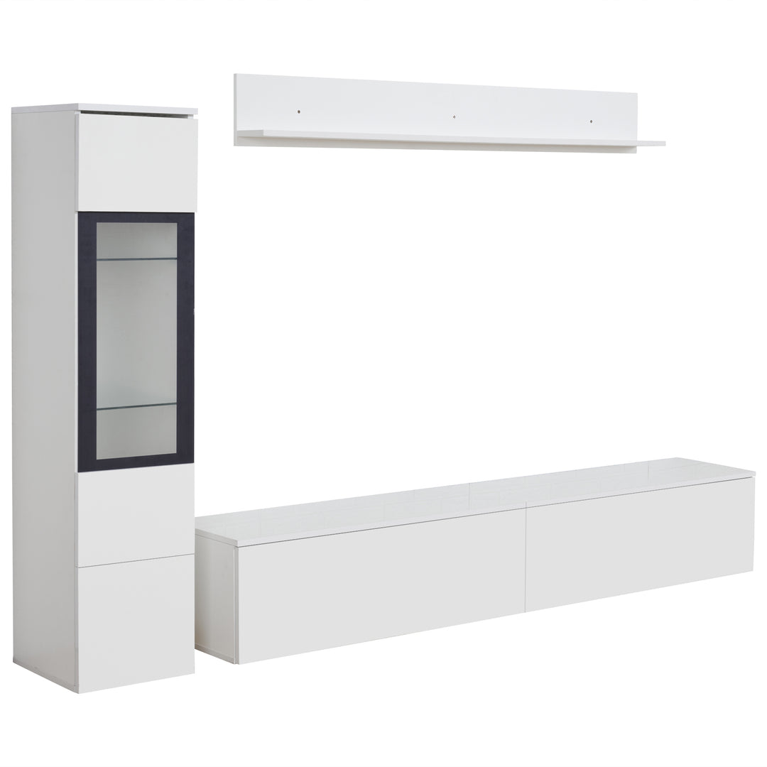 Modern white high-gloss 3-piece TV unit set with LED lighting and display cabinet CLOUDVALE