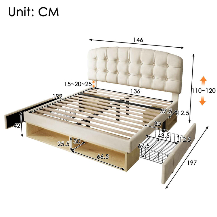 Double Bed Frame with Storage Drawers Velvet Upholstered, 135x190cm, Beige, No Mattress BEDRESIN