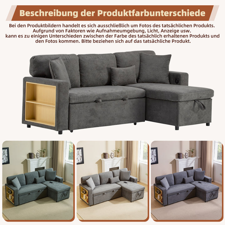 Grey L-shaped corner sofa bed, side shelf with integrated USB and storage VOLATILGAS