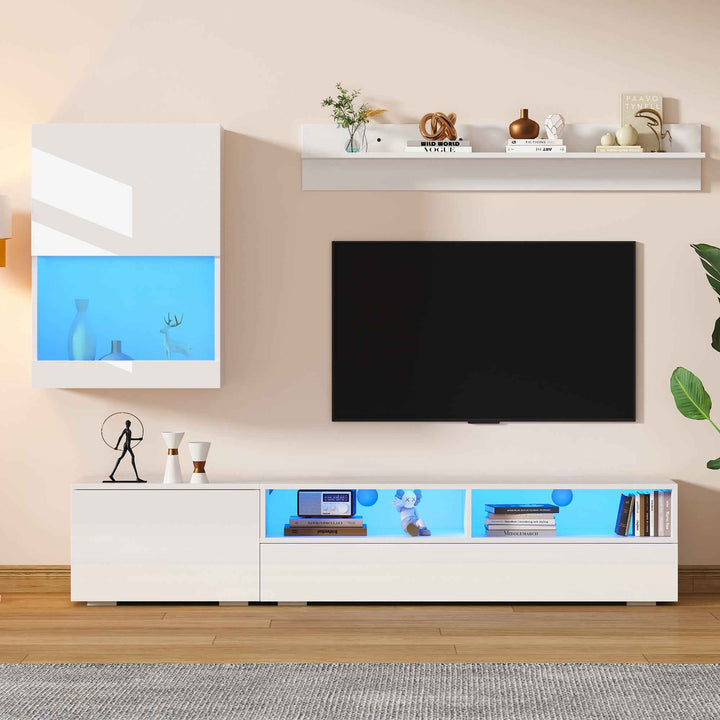 3 piece TV stand and wall unit set white high gloss with LED lighting