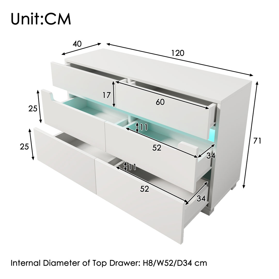 White sideboard dresser with 6 drawers and LED light BRULQOIKS UK