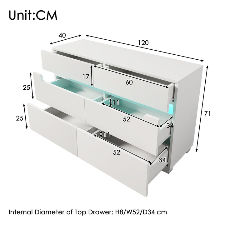 White sideboard dresser with 6 drawers and LED light BRULQOIKS UK