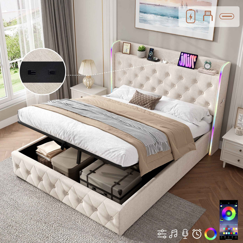 Linen beige double ottoman bed frame with LED and charging 140x200cm (no mattress) INFINITEQUAZ