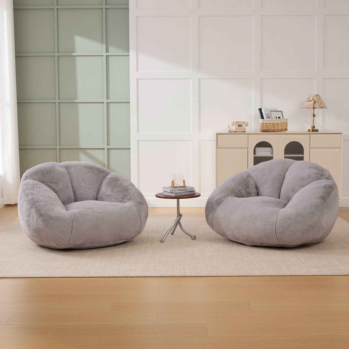 Lazy chair shell shaped sofa light grey faux fur, memory foam bean bag chair removable cover