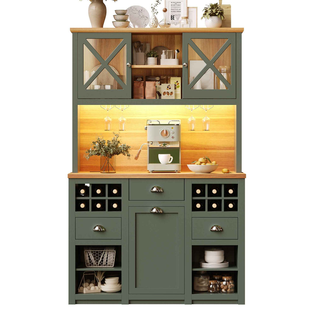 Kitchen hutche green cabinet glass doors LED lighting, wine rack, adjustable shelves