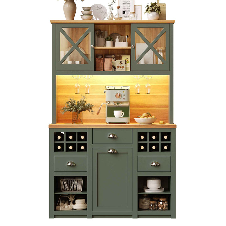 Kitchen hutche green cabinet glass doors LED lighting, wine rack, adjustable shelves