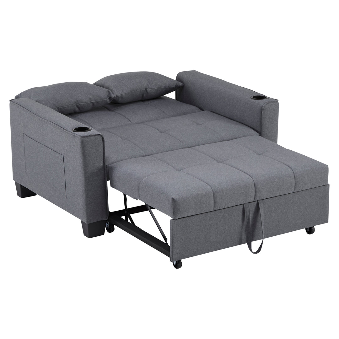 Gray fabric convertible 2-seater sofa bed pull-out design, adjustable backrest, and storage FROSTSTONE