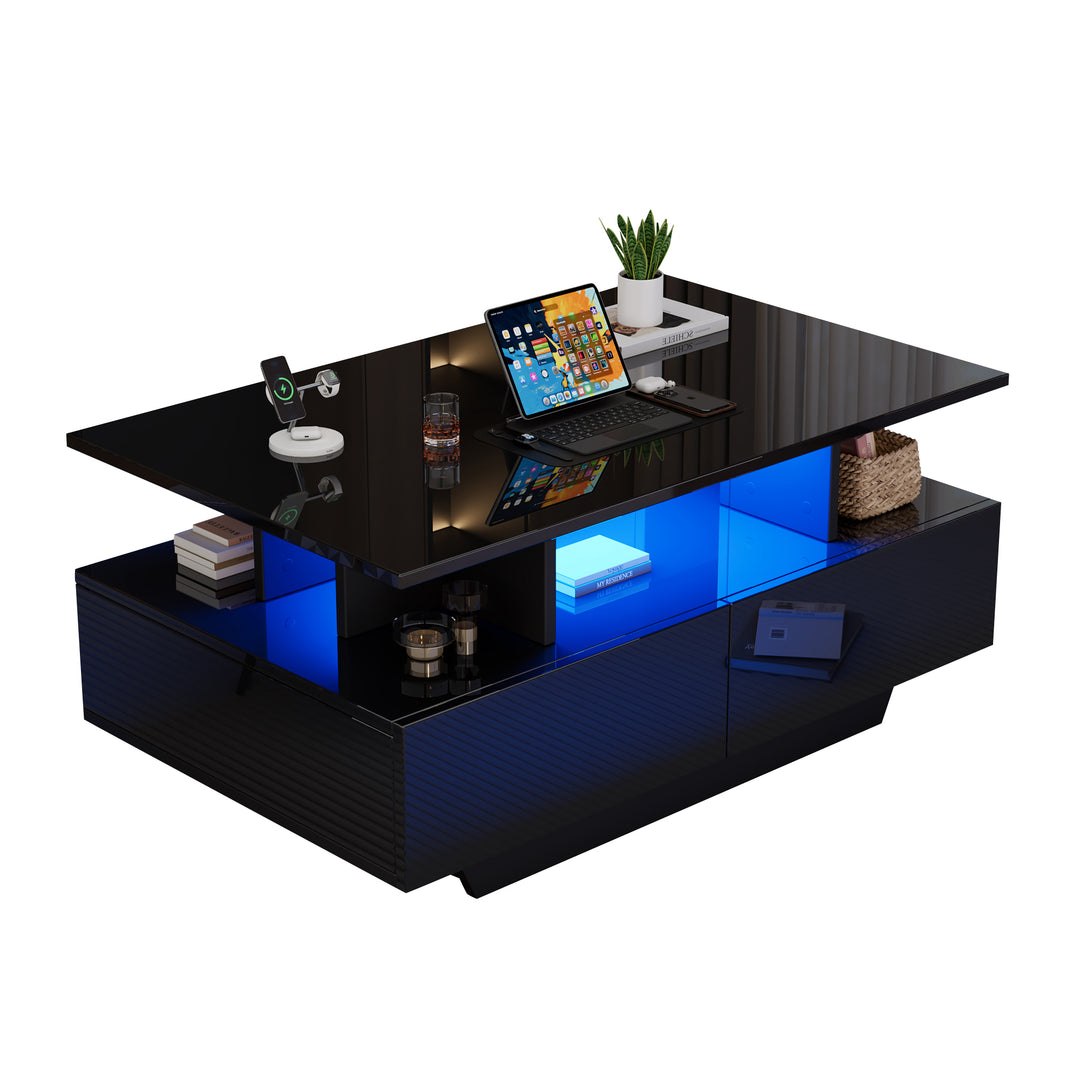 Black high-gloss coffee table 2 drawers with LED lighting ATOMSWALE
