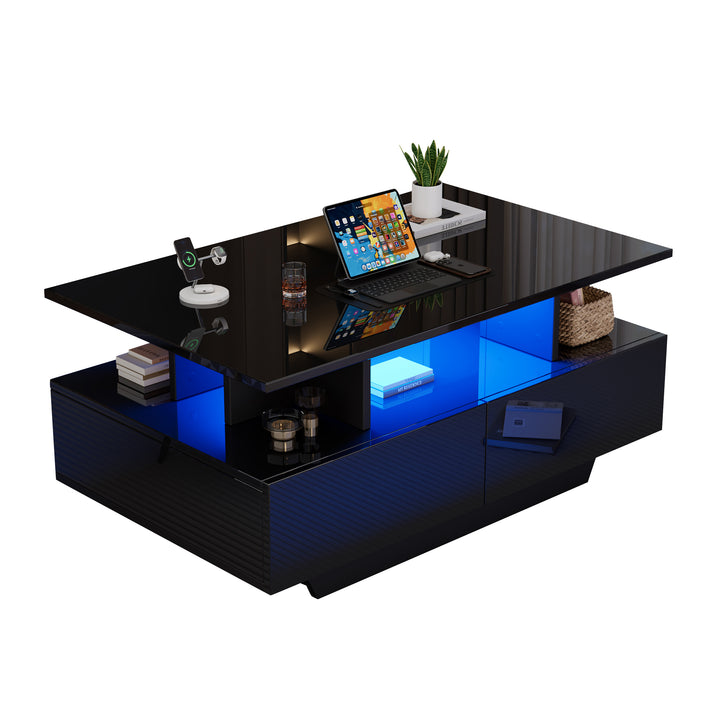Black high-gloss coffee table 2 drawers with LED lighting ATOMSWALE