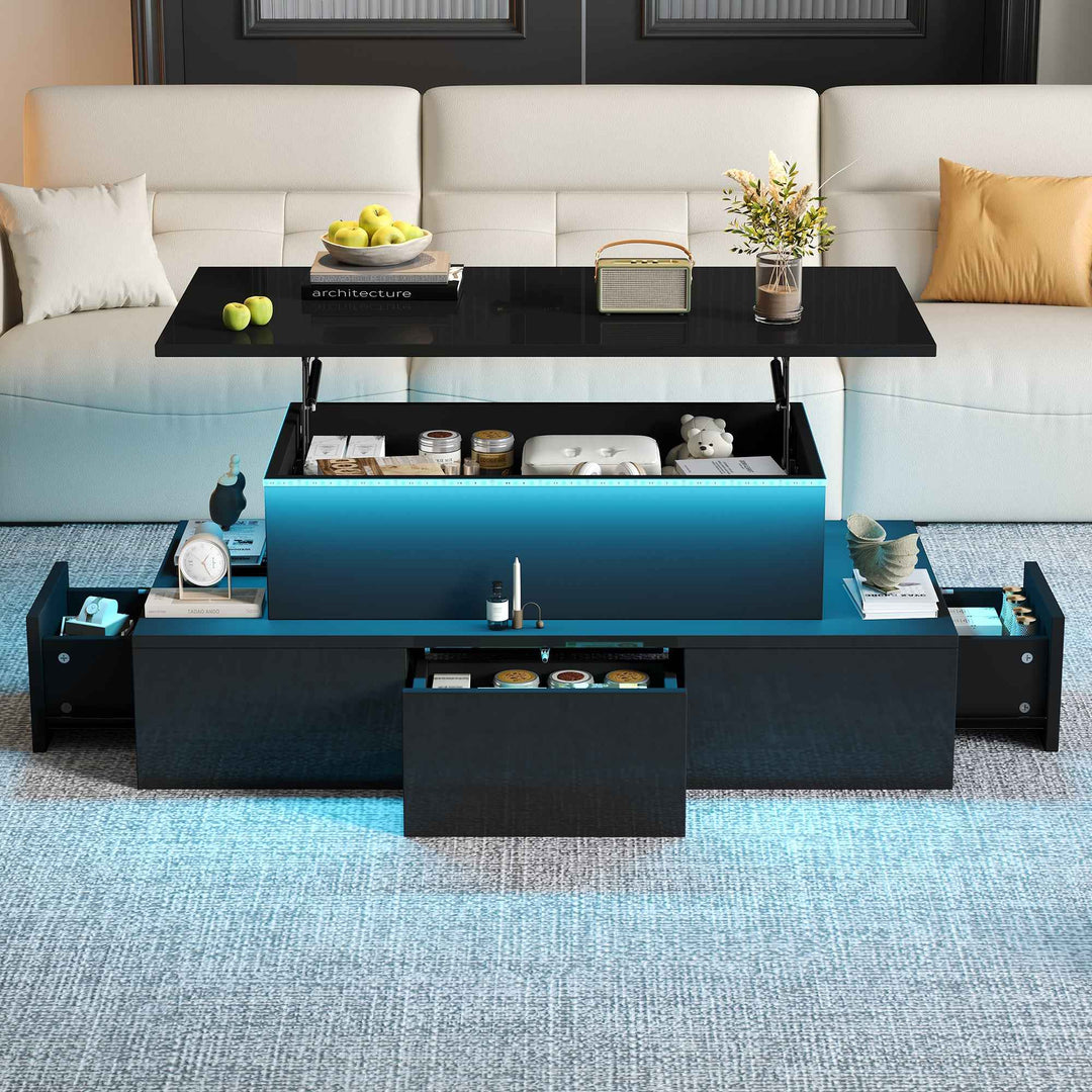 Lift top black high gloss coffee table with 4 drawers and LED lighting INFINITECASCADEE