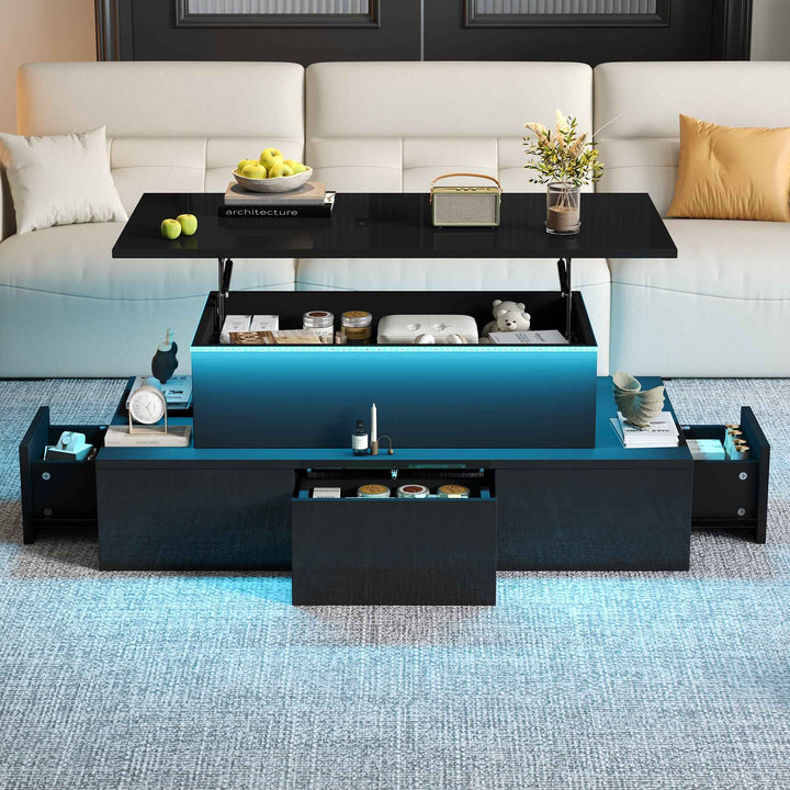 Lift top black high gloss coffee table with 4 drawers and LED lighting INFINITECASCADEE
