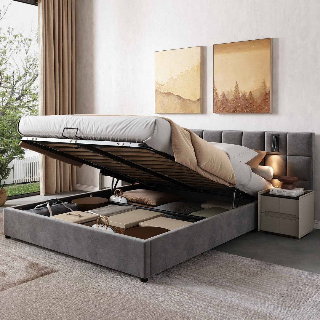 Super king size upholstered ottoman bed 6ft velvet grey with USB charging & lamp, wide headboard no mattress or bedside tables