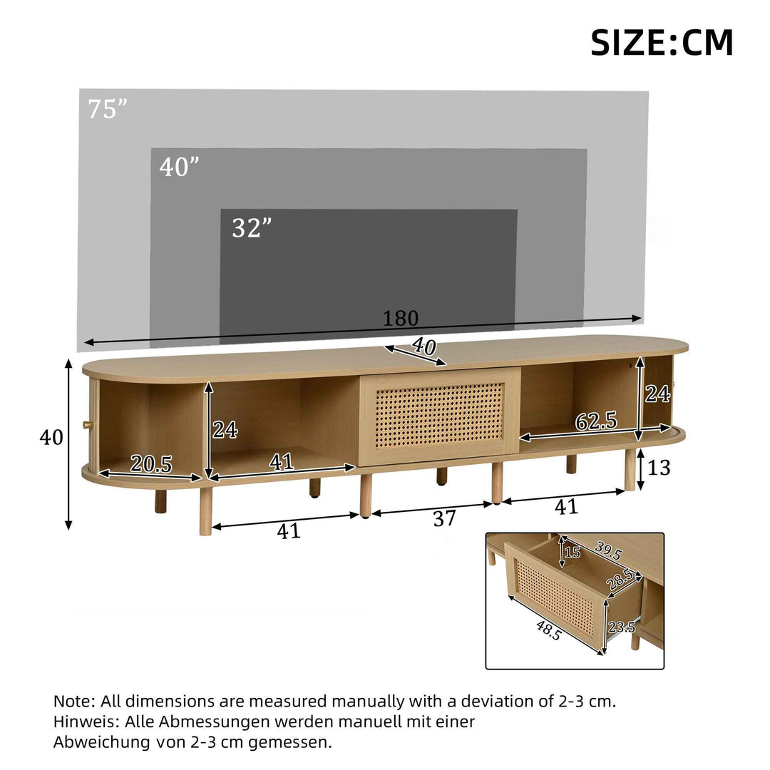 TV stand light wood 1 rattan drawer & 2 sliding doors, rounded corners 180cm
