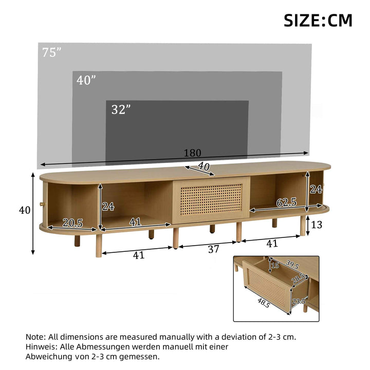 TV stand light wood 1 rattan drawer & 2 sliding doors, rounded corners 180cm