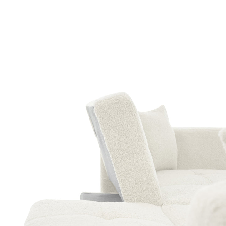 Ivory white sherpa 3-seater clic-clac sofa bed, adjustable backrest & side pocket ALDEN WHITE UK