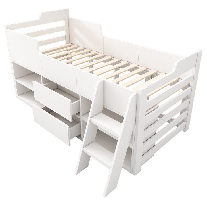 White wooden children cabin bed frame mid sleeper with drawers shelf storage MORNUL UK