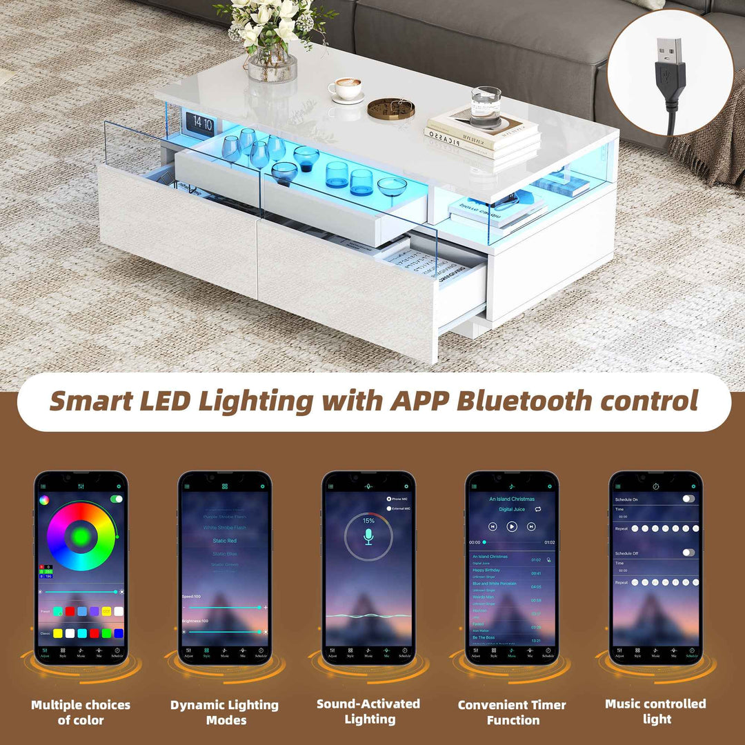 White high gloss coffee table with LED lights, 2 drawers, pull-out tray FLAREVORNAX