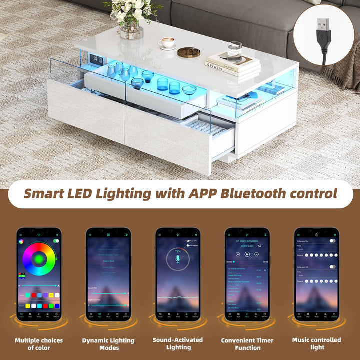 White high gloss coffee table with LED lights, 2 drawers, pull-out tray FLAREVORNAX