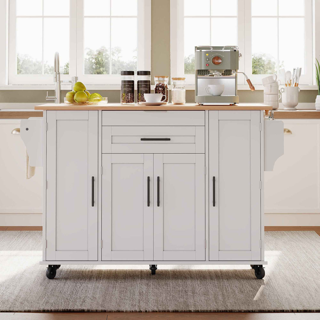 00+Kitchen Island on Wheels, White & Natural MDF, Foldable Tabletop, Adjustable Shelves, Storage Cabinets Rolling Trolley for Dining Room VERTEXZYR