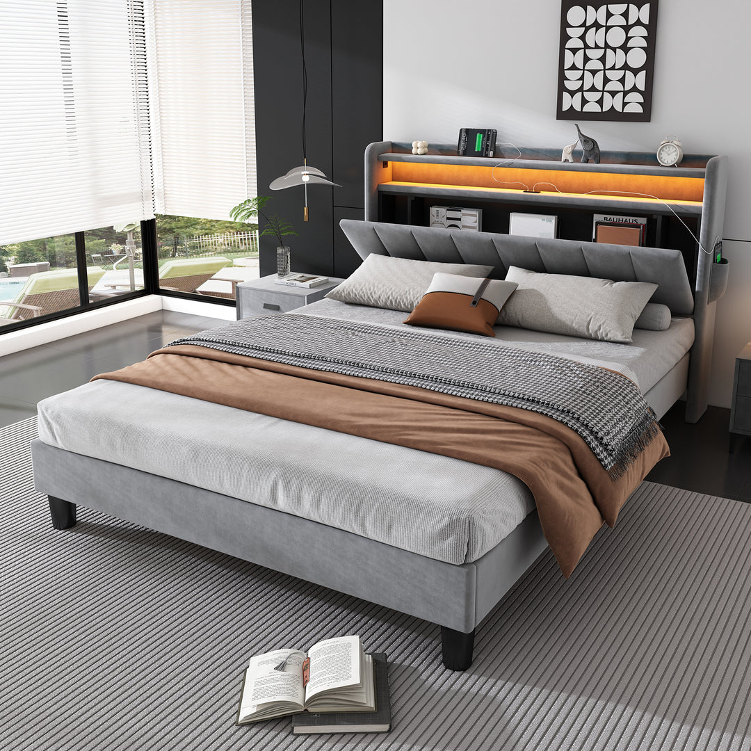 Upholstered velvet grey double bed with storage headboard, LED lighting and charging ports 135x190cm FIRNSNOW UK