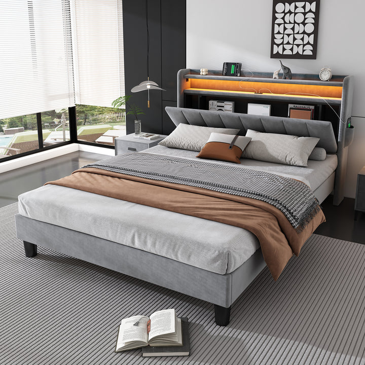 Upholstered velvet grey double bed with storage headboard, LED lighting and charging ports 135x190cm FIRNSNOW UK