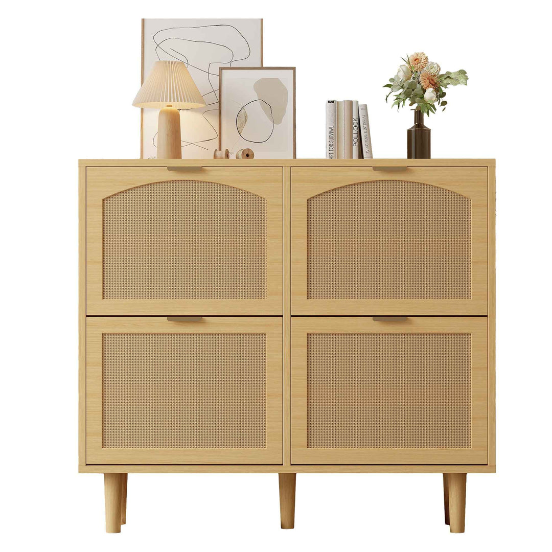 00+Shoe Cabinet 4-Drawer Narrow Rattan, Slim Light Oak Storage CONCRETEWARDROBE