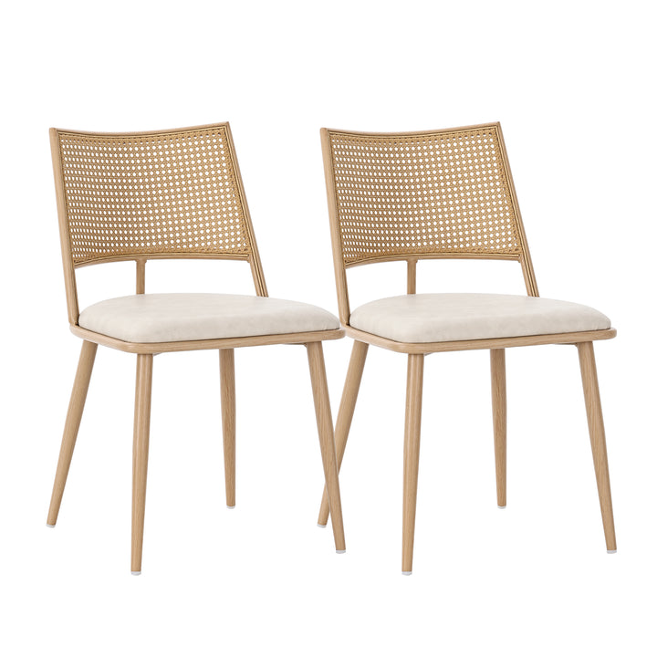 Set of 2 retro PU beige backrest rattan design accent dining chairs LONGITUDINALCREST